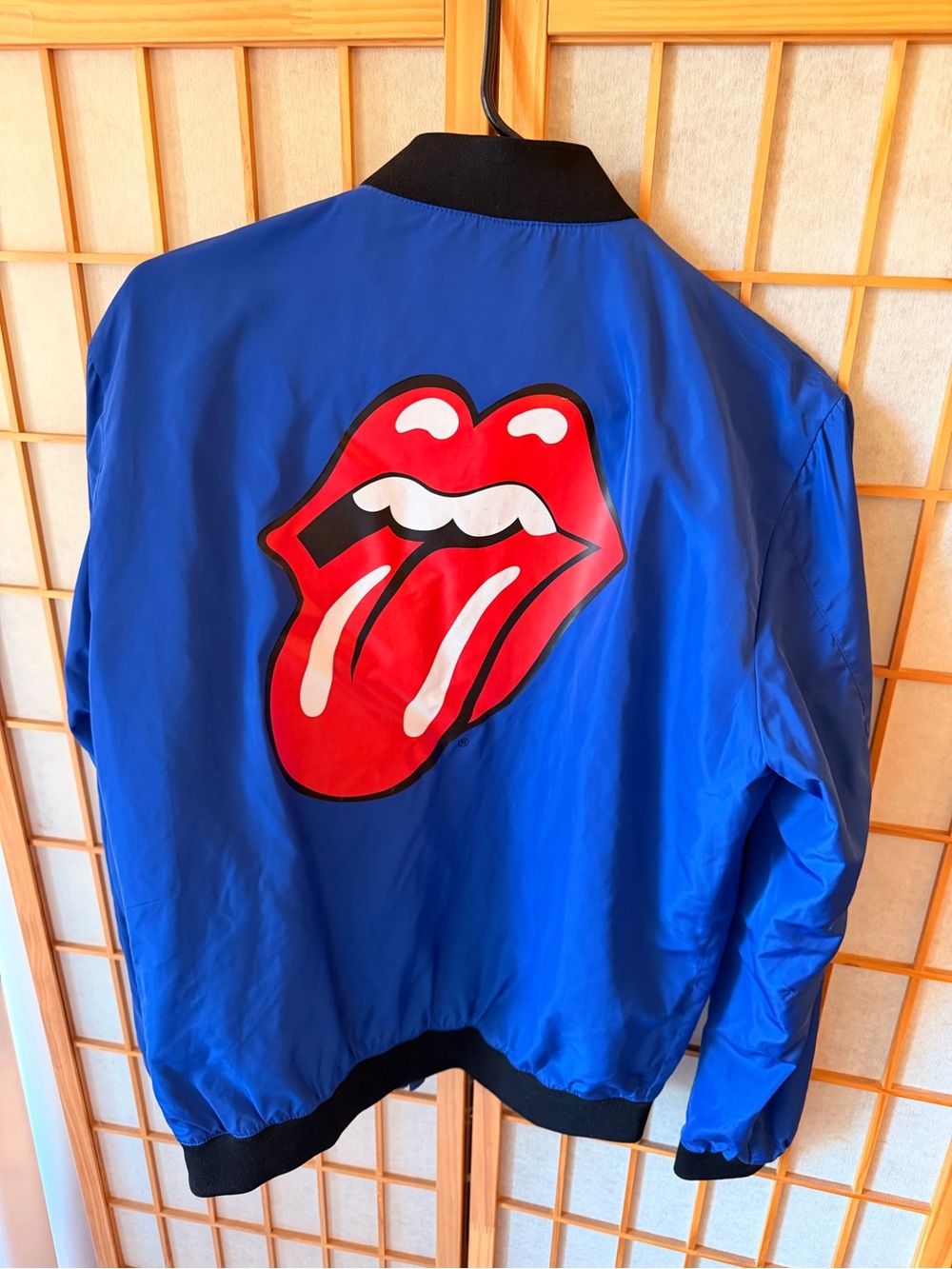 Zara Man Royal Blue Bomber Jacket With Rolling Stones Logo On The Back